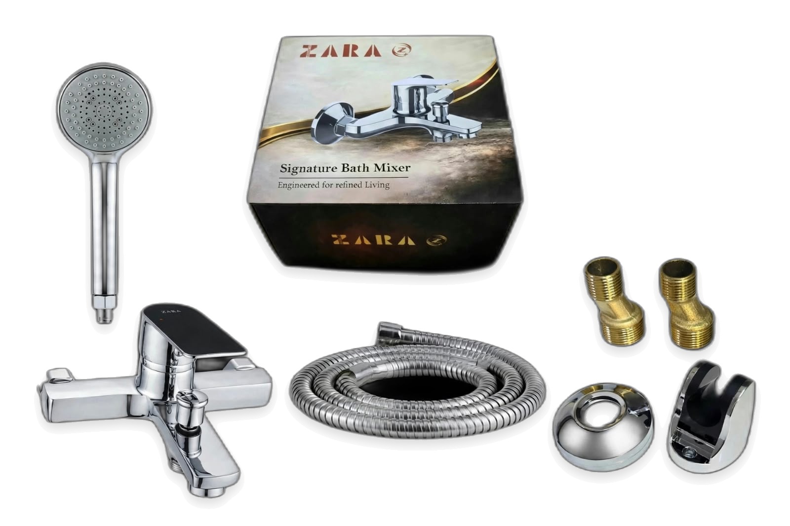 ZARA Signature bath and shower mixer set (AZBM S01) — chrome mixer, multi-function hand shower and stainless hose