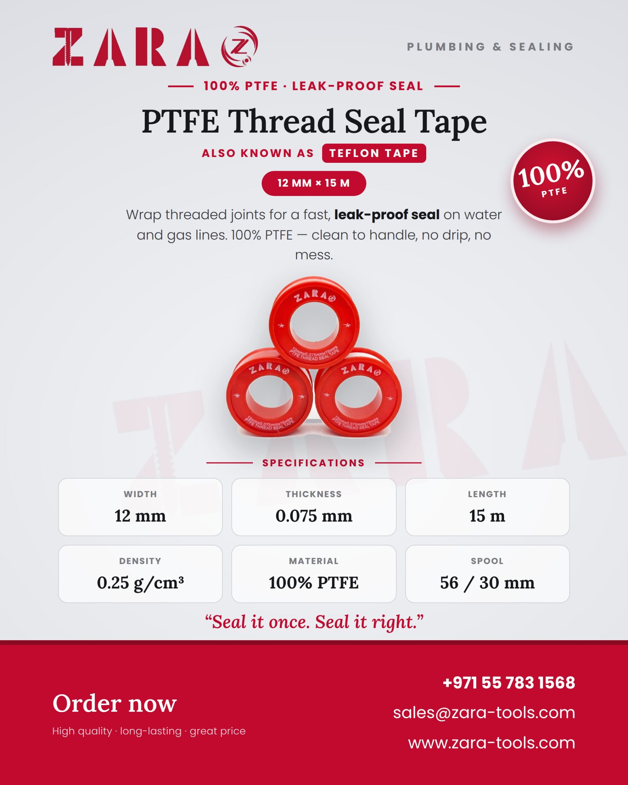 ZARA Tools PTFE thread seal tape (Teflon tape) 12 mm x 15 m, 100% PTFE