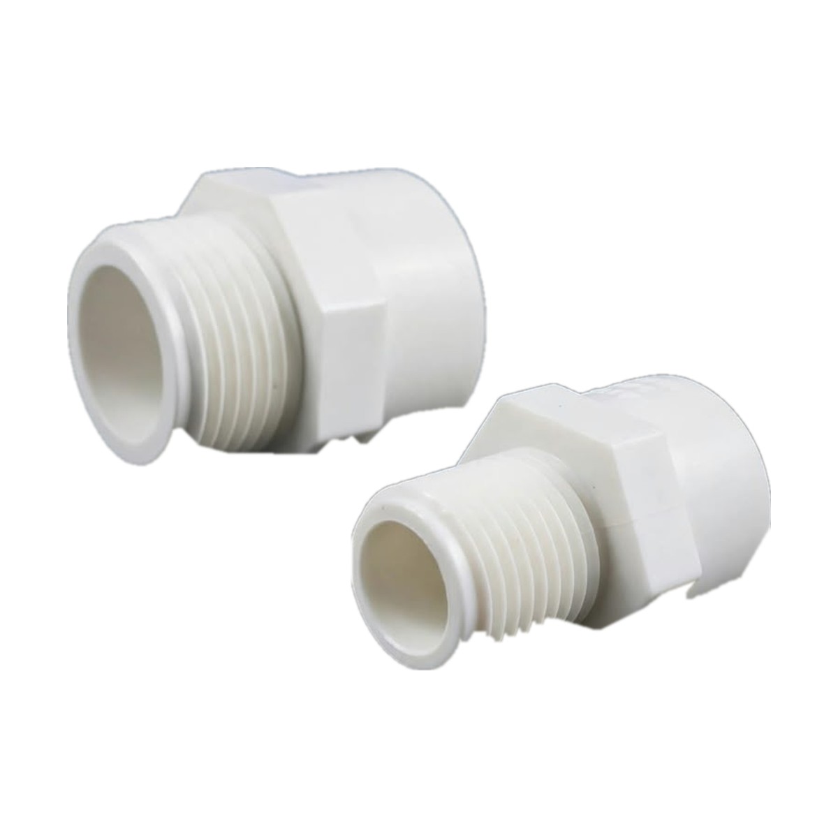 Two white PVC male threaded sockets