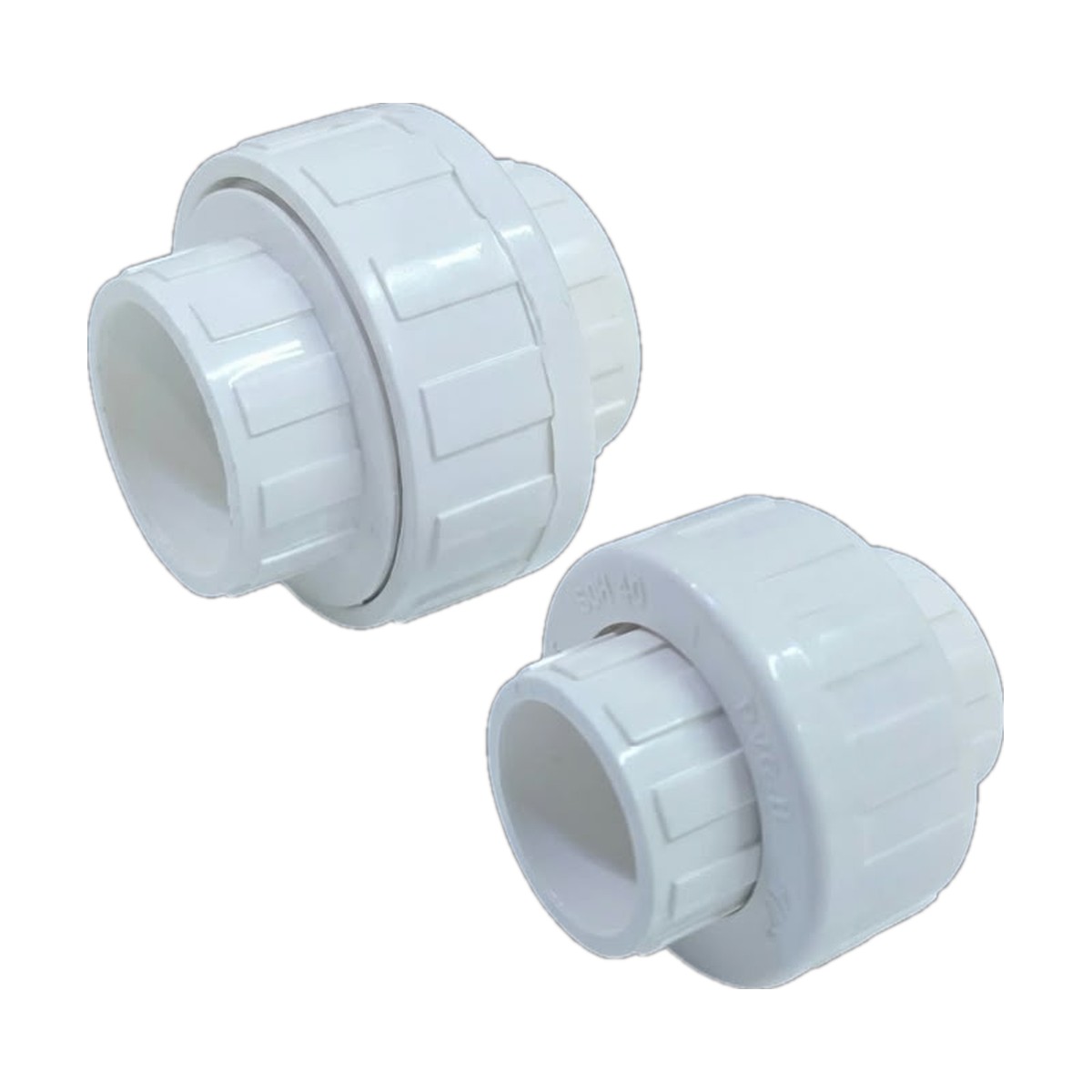 Two white PVC unions